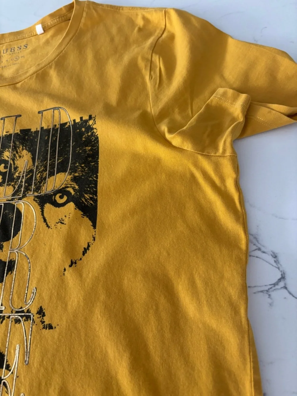 GUESS Men's Mustard Yellow Graphic Tee with Black Wolf Motif - Picture 4 of 7